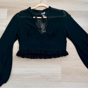 Widow Black Sheer Chiffon Ruffle Button Blouse Keyhole Long Sleeve Size L NWT